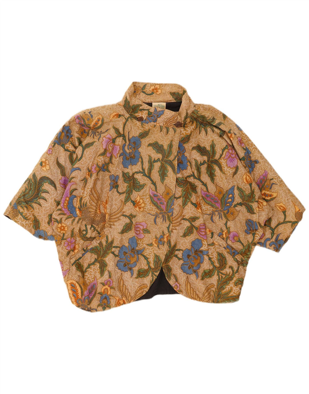 VINTAGE Damen Kurzarm-Bolero-Top UK 20 2XL Braun geblümte Baumwolle