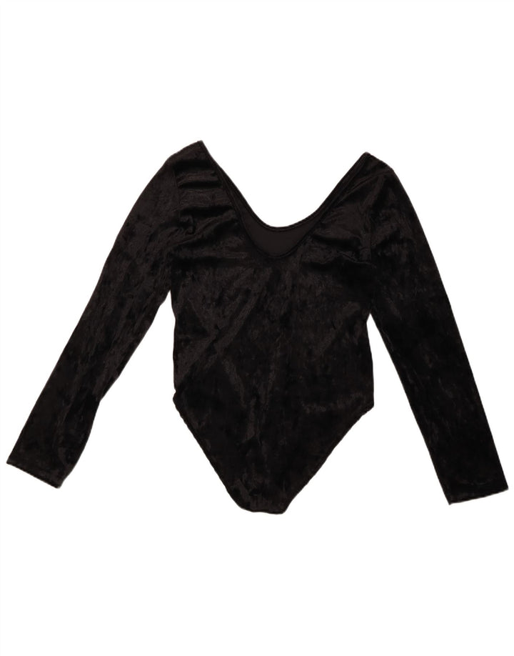 VINTAGE Damen-Body aus Velours mit langen Ärmeln, UK 10, Größe S, Schwarz, Polyester