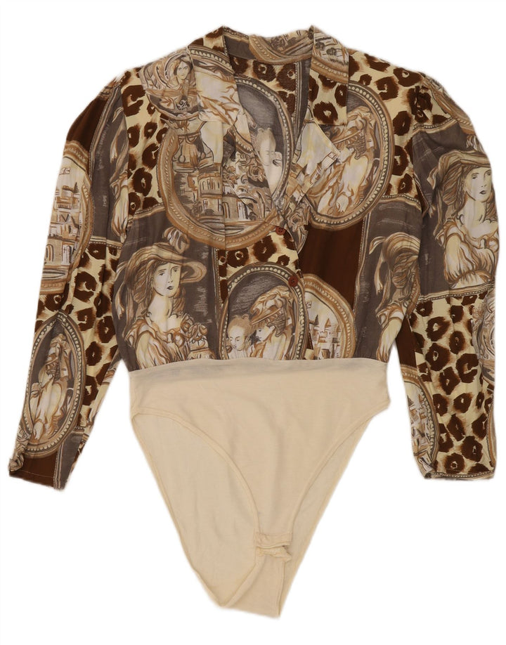 Vintage Damen-Body mit abstraktem Muster und langen Ärmeln, UK-Größe 14, Mittelbraun
