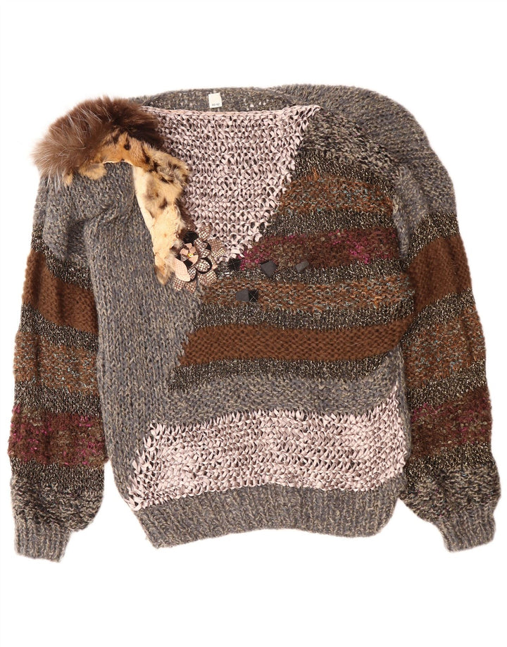 VINTAGE Damen-Pullover mit U-Boot-Ausschnitt, EU 40/42, Mittelgrau, Farbblock