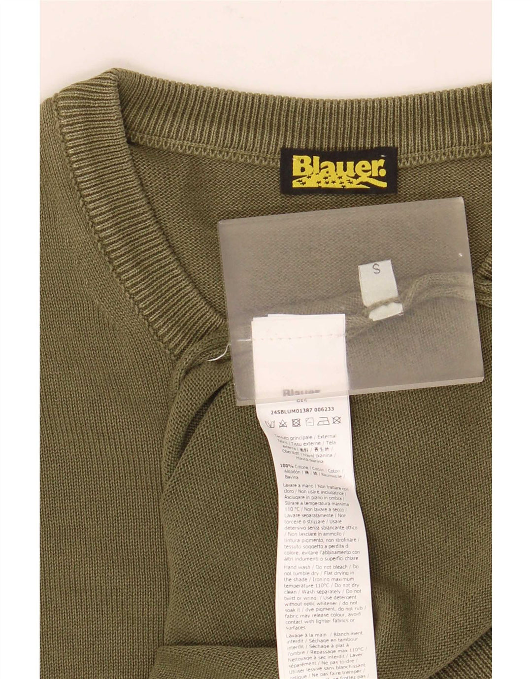 Blauer Herren-Pullover mit Rundhalsausschnitt, Größe S, grüne Baumwolle
