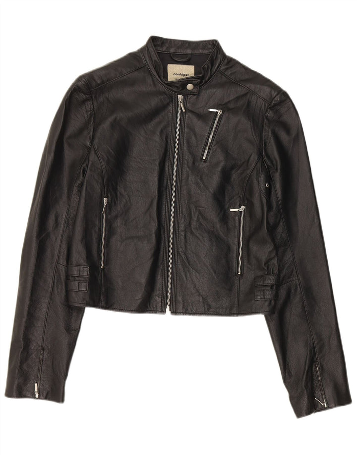 Conbipel Damen Crop Leder Bikerjacke IT 44 Mittelschwarzes Leder