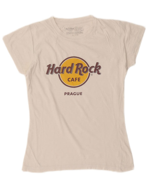 Hard Rock Cafe Womens Prague Graphic T-Shirt Top UK 10 Small White Cotton