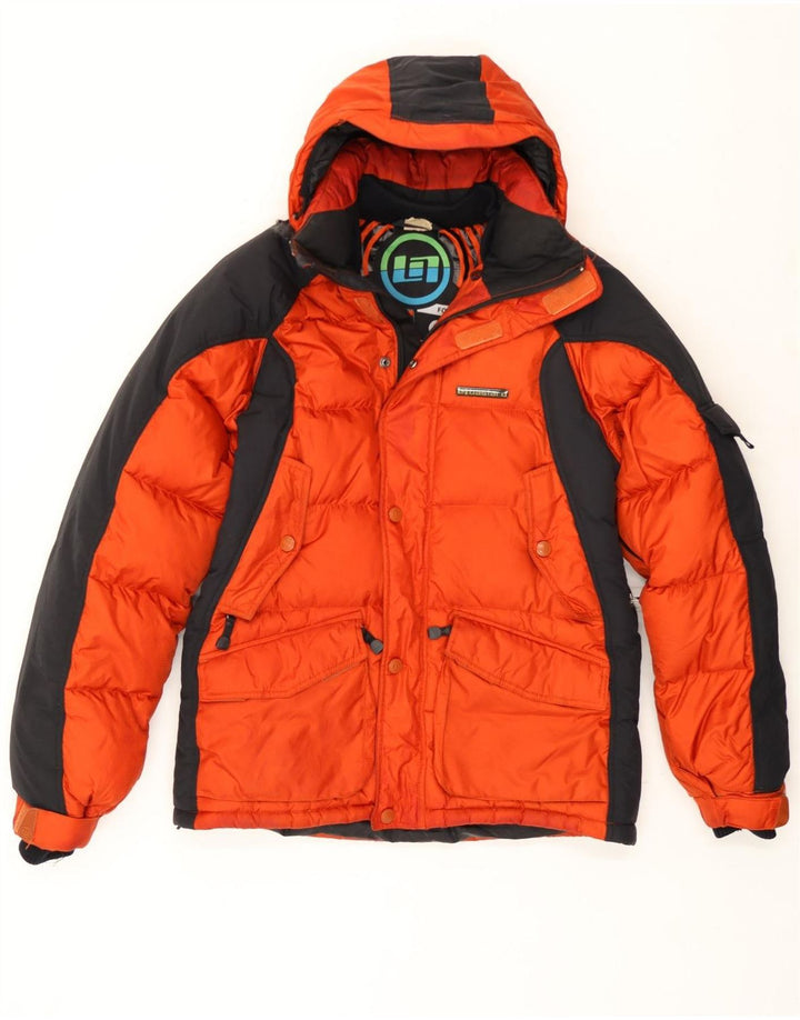 Bastard Wattierte Herrenjacke mit Kapuze, UK 38, mittelorangefarbenes Colourblock-Polyamid