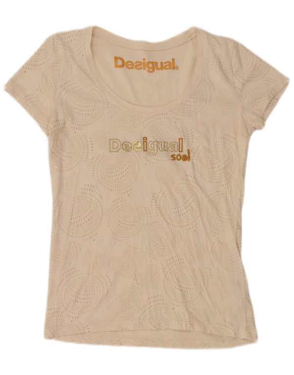 DESIGUAL Damen Grafik-T-Shirt-Oberteil UK 14 Große beige gepunktete Baumwolle