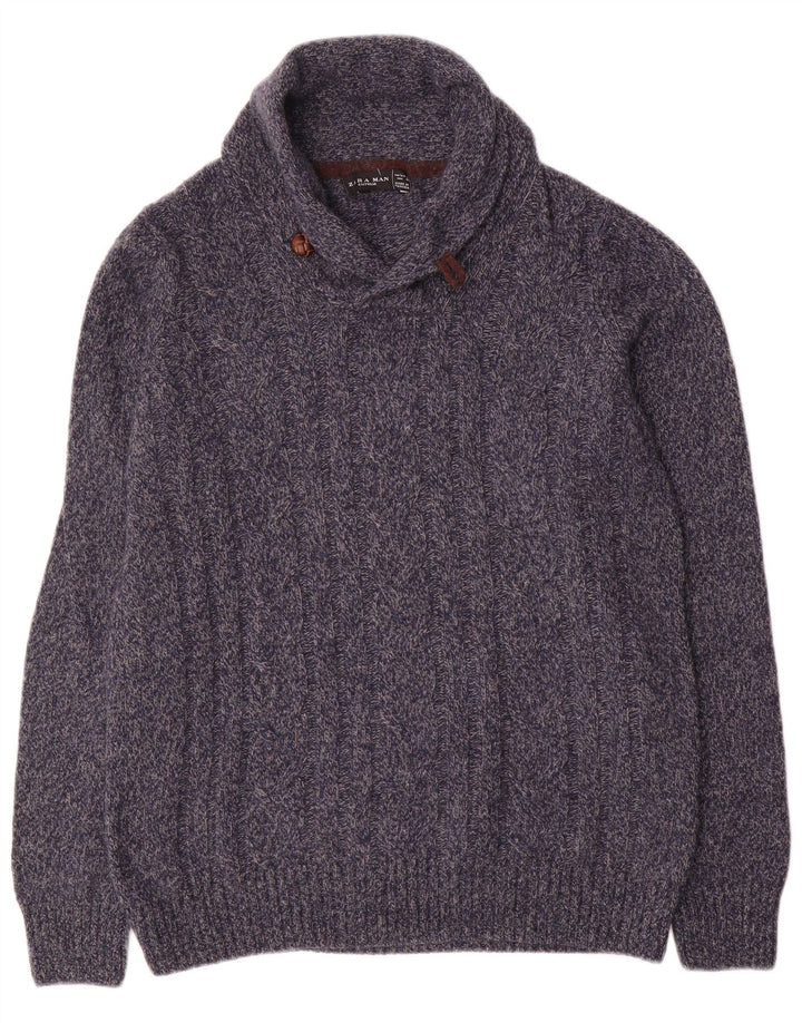 Zara Herren-Pullover mit Schalkragen, groß, marineblau gesprenkelte Wolle
