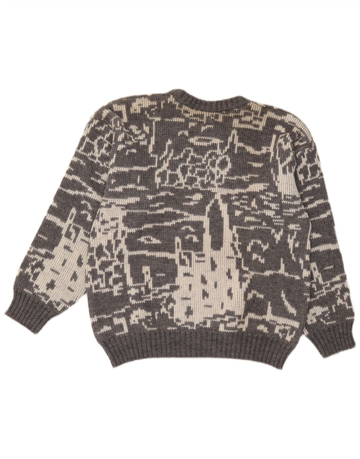 Vintage Herren Pullover mit abstraktem Muster und Rundhalsausschnitt, Größe S, Grau