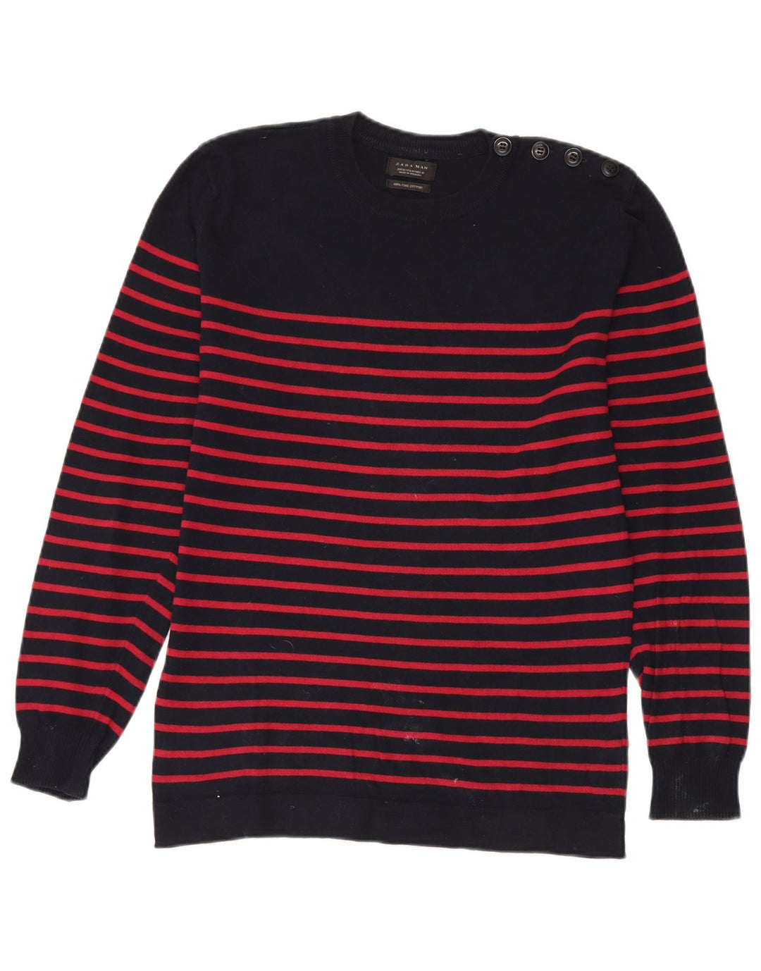 Zara Herren-Pullover mit Rundhalsausschnitt, mittlere marineblaue gestreifte Baumwolle
