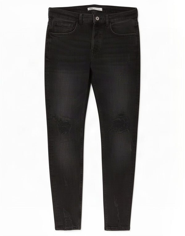 Zara Mens Distressed Skinny Jeans EU 42 Large W32 L29 Black Cotton