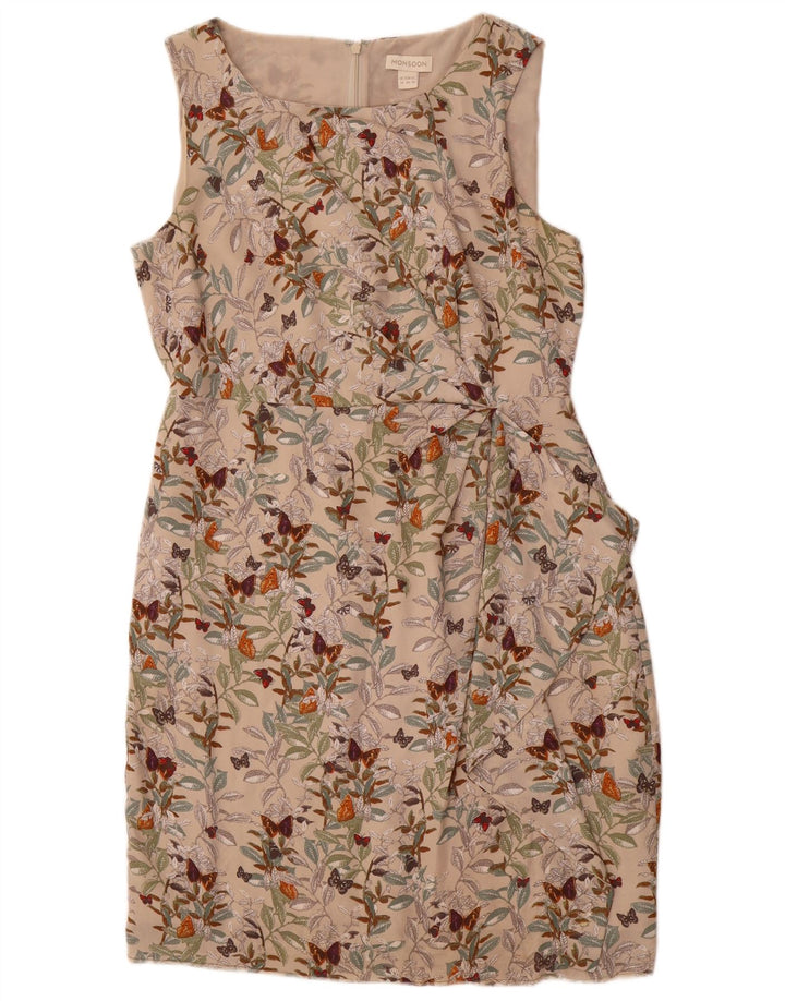 MONSOON Womens Sleeveless Sheath Dress UK 14 Medium Beige Floral Polyester