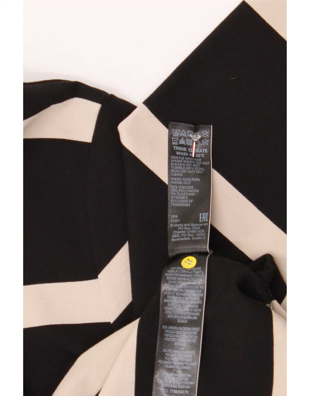 Marks & Spencer Damen-Top, 3/4-Ärmel, UK-Größe 12, Mittelschwarz, gestreift, Viskose