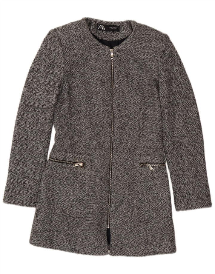 Zara Damen Longline Full Zip Blazer Jacke UK 6 XS Graue Herringbone-Baumwolle