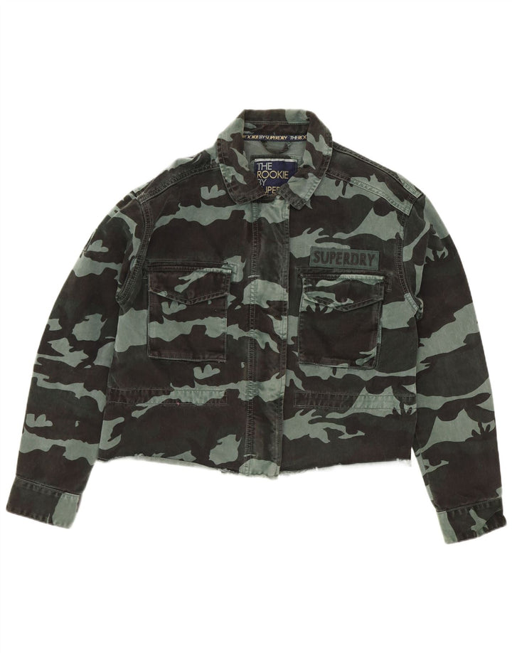Superdry Damen Crop Denim Jacke UK 12 Mittelgrüne Camouflage-Baumwolle