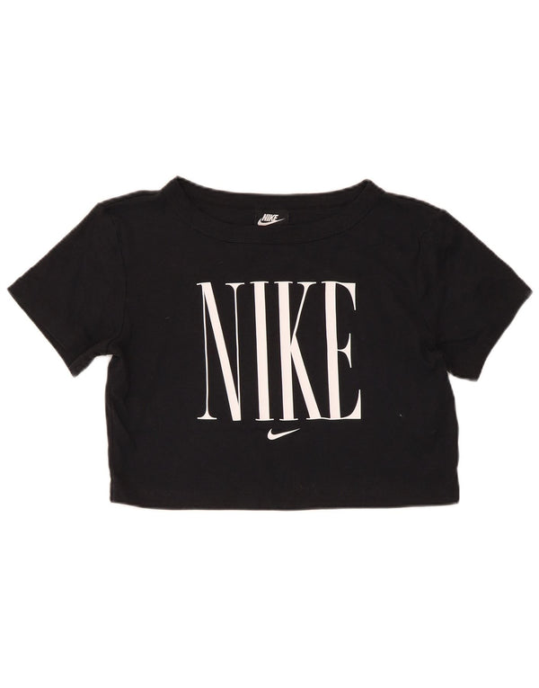 Nike Damen Kurzarm Crop Graphic T-Shirt Top UK 12 Medium Schwarz Baumwolle