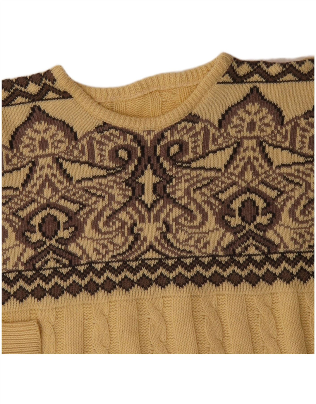 VINTAGE Herren-Pullover mit Rundhalsausschnitt, groß, gelbe Fair-Isle-Wolle