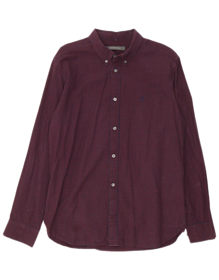 French Connection Herrenhemd aus Baumwolle, groß, Burgunderrot mit Gingham-Karomuster