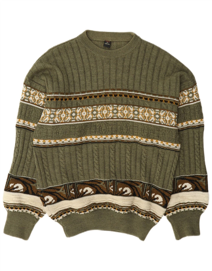Vintage Herren Pullover mit Rundhalsausschnitt, Mittelgrün, Fair Isle