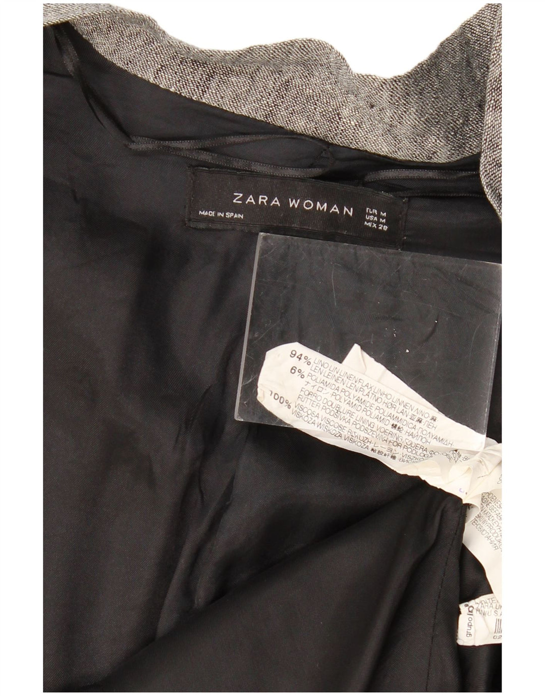 ZARA Damen-Blazer mit Krawatte vorne, UK 14, mittelgraues Colourblock-Leinen