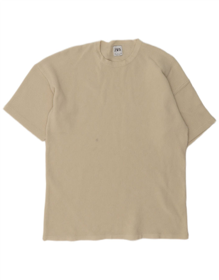 Zara Herren T-Shirt Top Large Beige Baumwolle