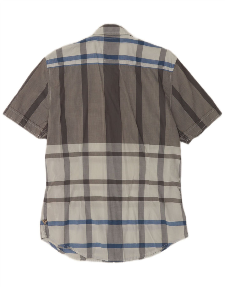 Guess Herren Kurzarm-Slim-Fit-Hemd, klein, grau kariert, Baumwolle