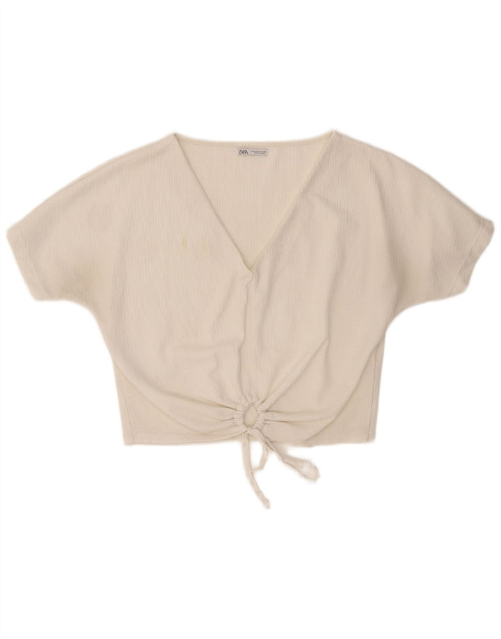 ZARA Womens Front Tie Crop Blouse Top UK 14 Medium White Polyester