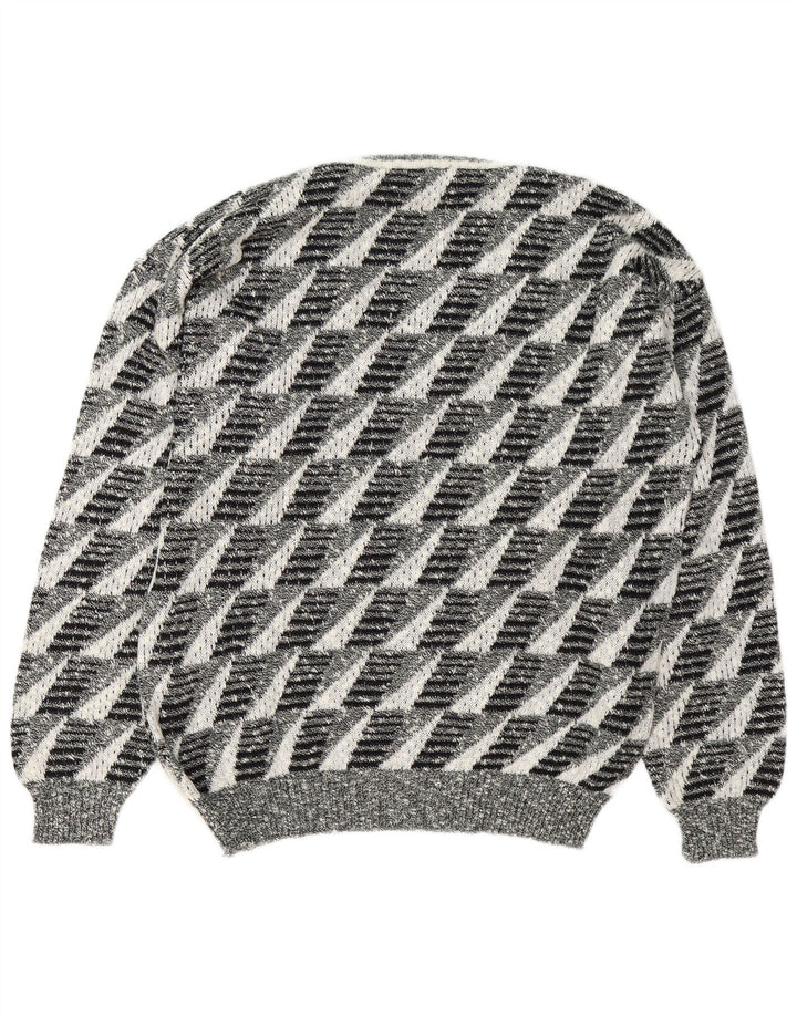 Vintage Herren Pullover mit V-Ausschnitt, groß, grau, geometrisch