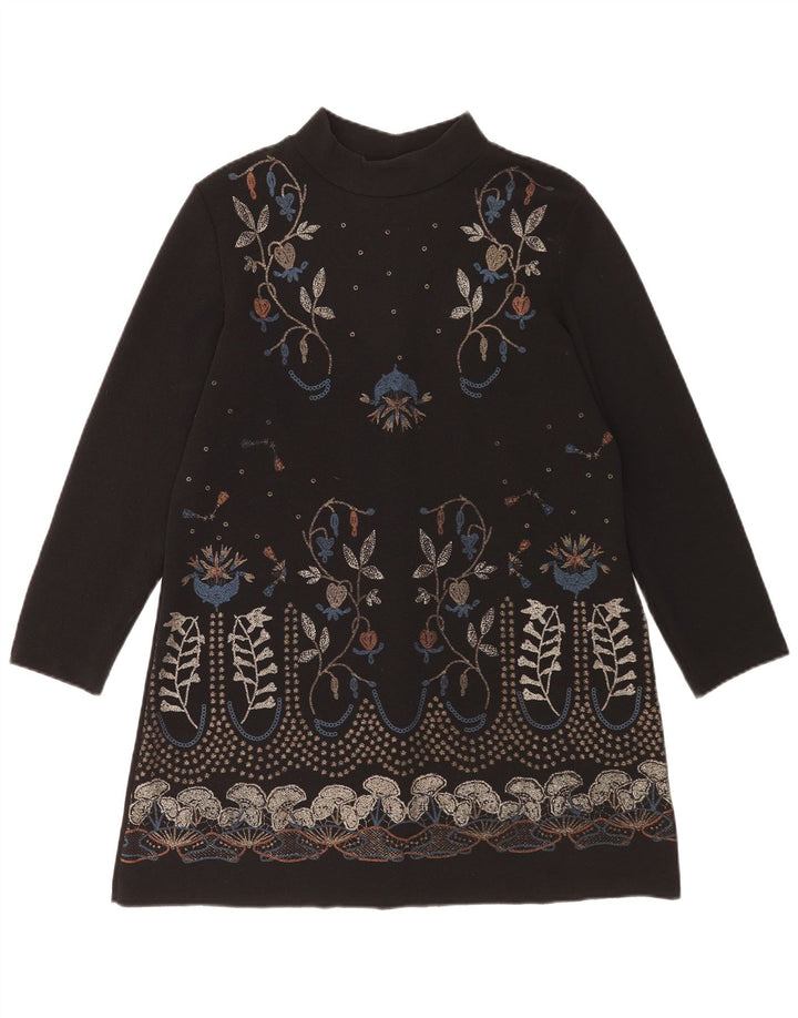 Zara Damen Langarm-Etuikleid UK 14 Mittelschwarzes Blumenmuster aus Polyester