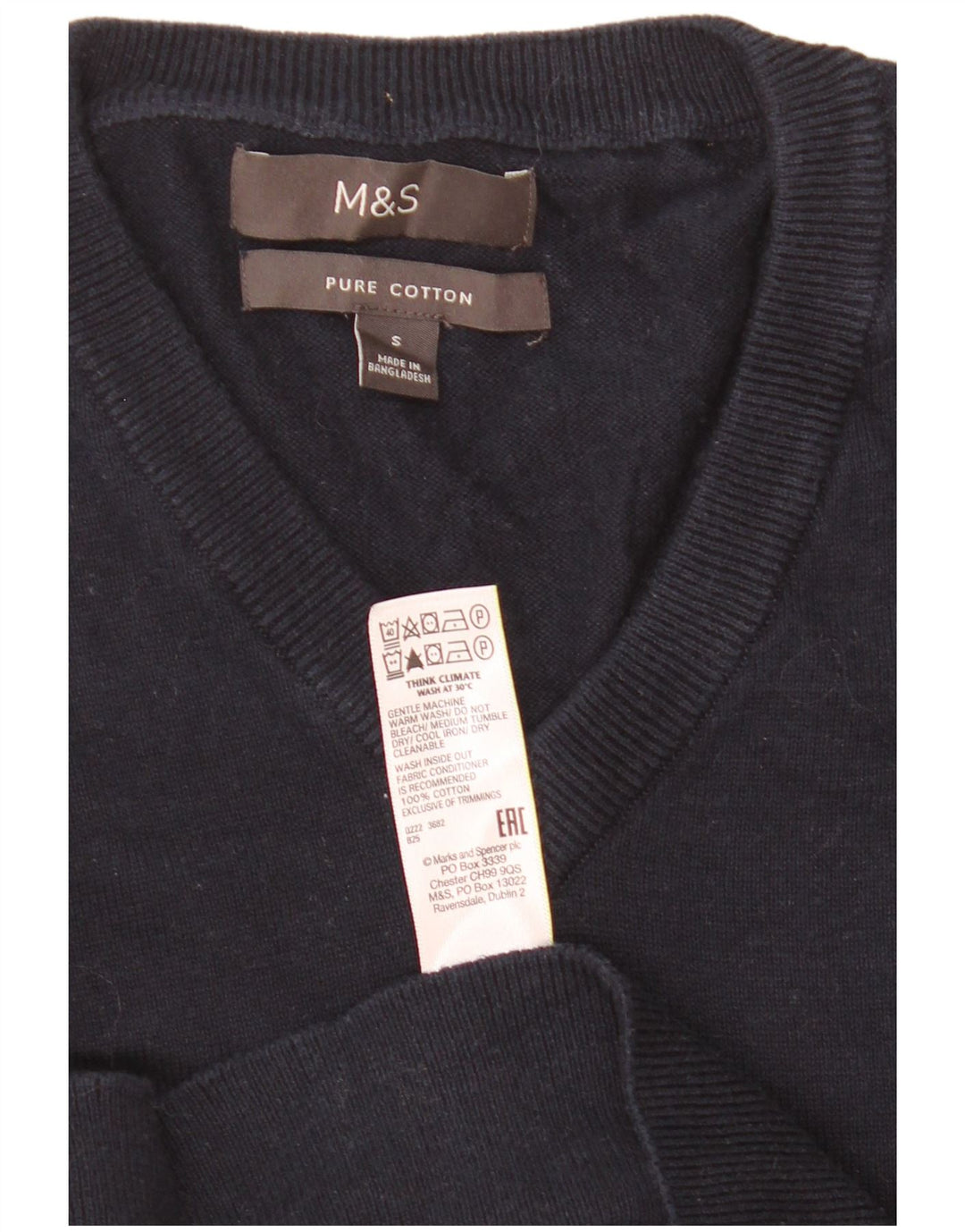 Marks & Spencer Herren-Pullover mit V-Ausschnitt, Größe S, marineblaue Baumwolle