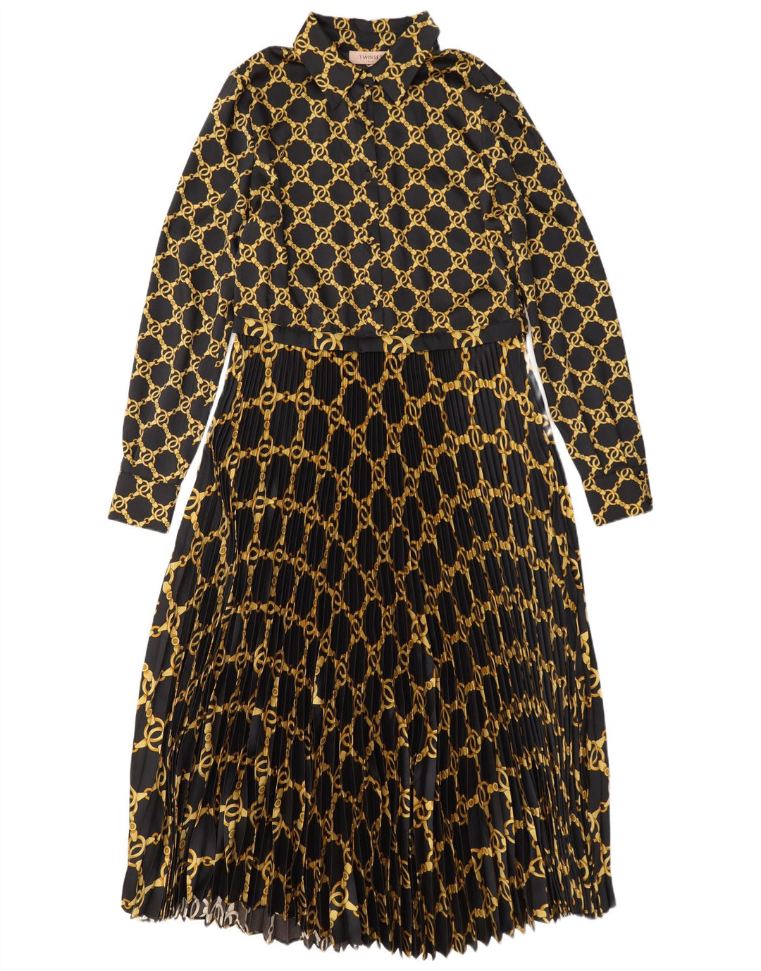 Twinset Damen-Maxikleid mit abstraktem Muster, langärmlig, Gr. 14, mittelschwarz