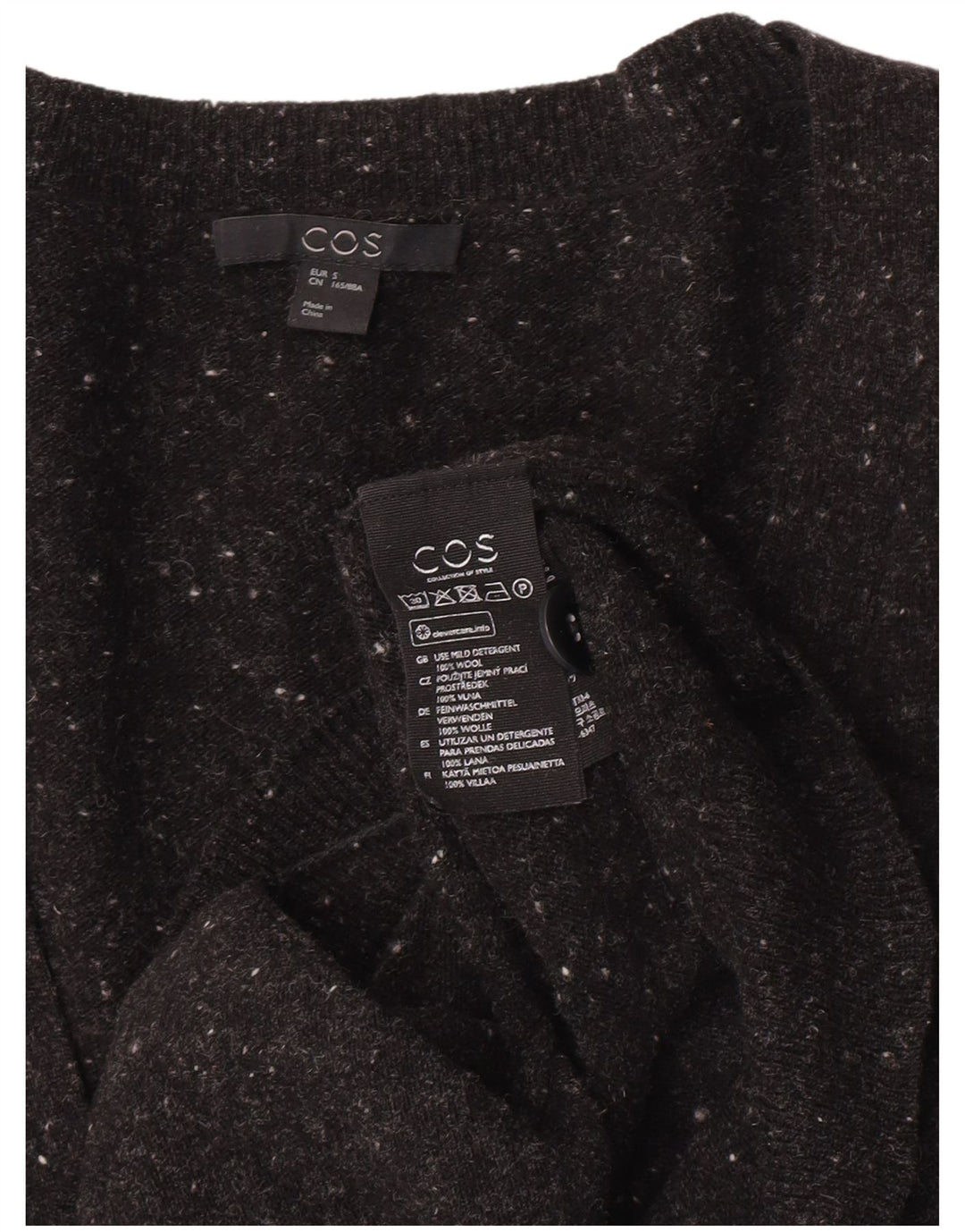Cos Damen-Strickjacke in Übergröße, Gr. 10, Größe S, schwarz gesprenkelte Wolle