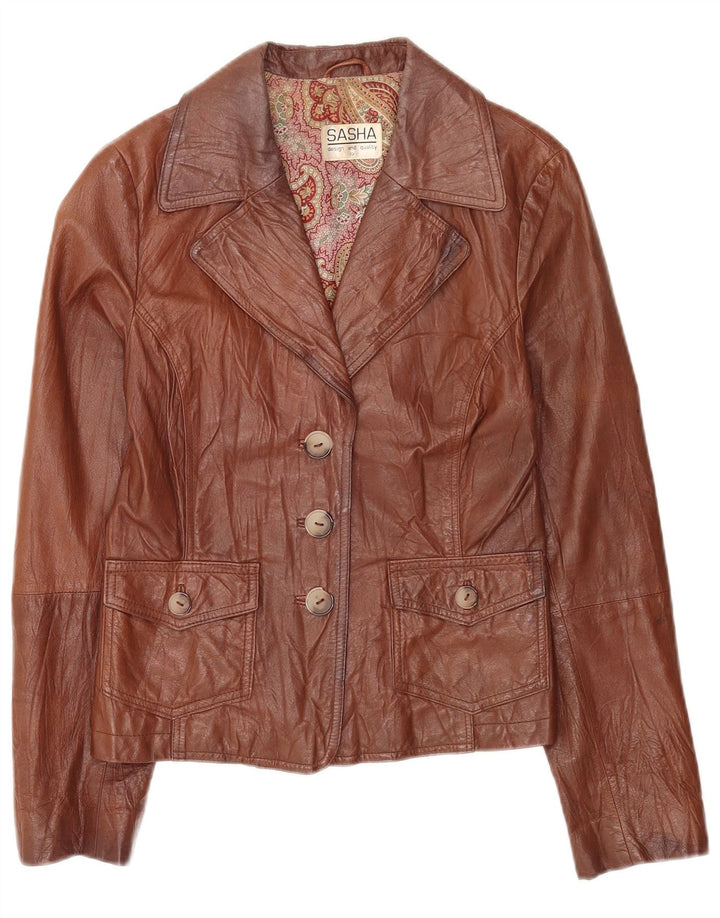 Sasha Damen 3-Knopf-Lederblazerjacke UK 12 Mittelbraun