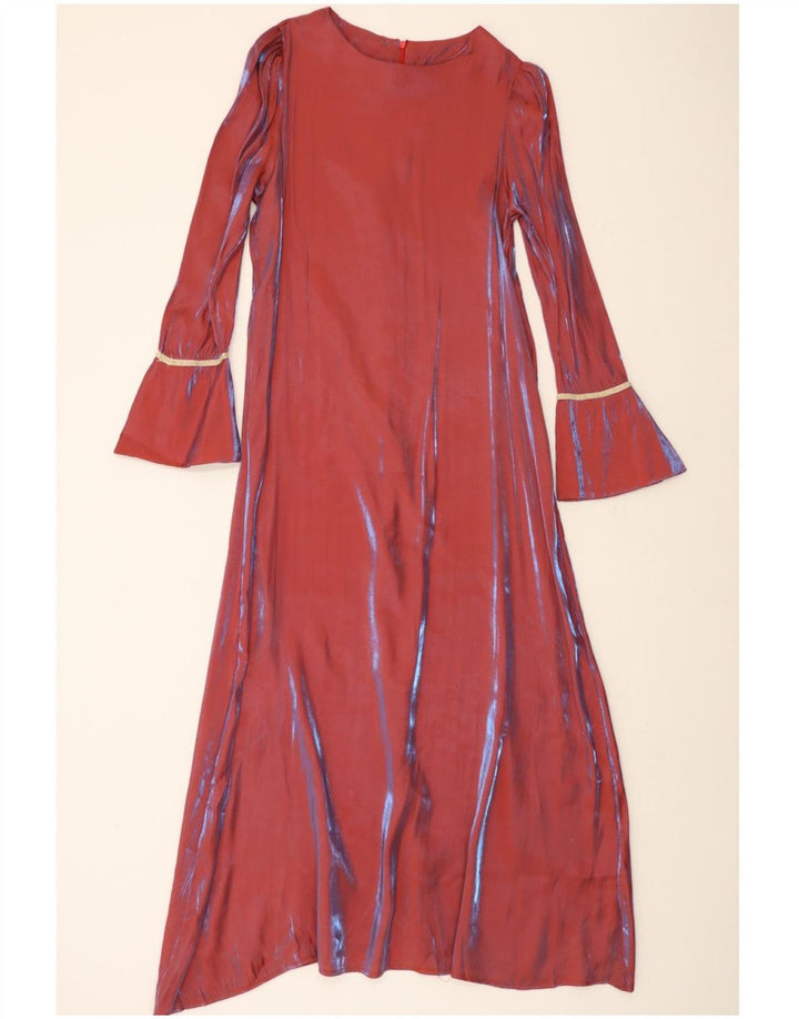 VINTAGE Damen Langarm-Maxikleid UK 14 Mittelrot gestreift