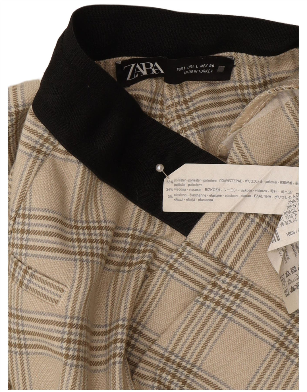 Zara Damen-Anzughose, schmal zulaufend, Größe L, W30, L27, beige kariertes Polyester
