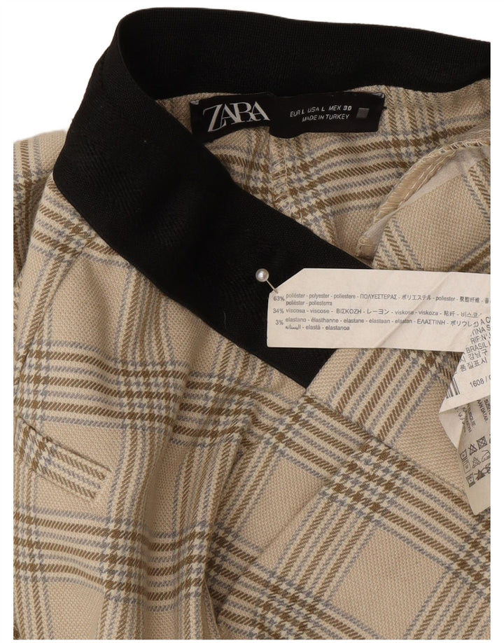 Zara Damen-Anzughose, schmal zulaufend, Größe L, W30, L27, beige kariertes Polyester