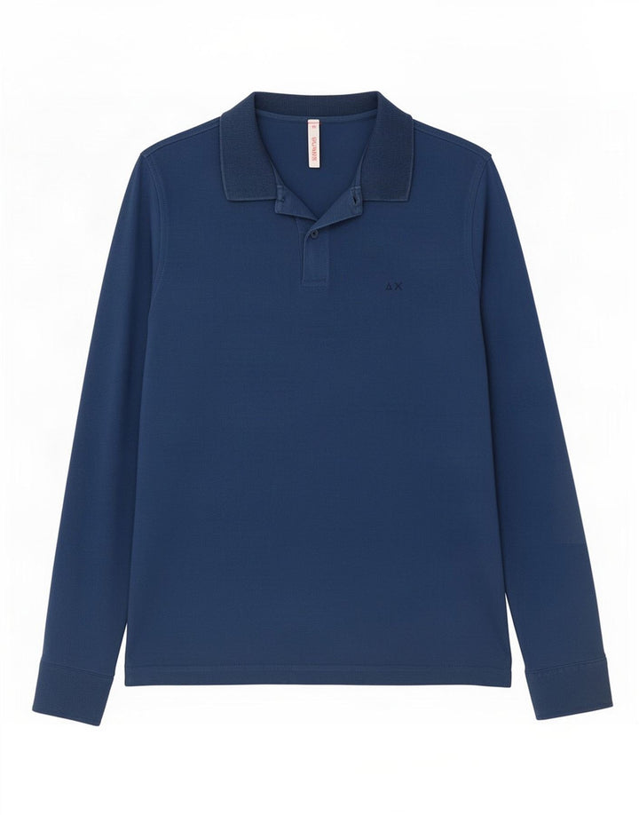 Sun68 Herren-Langarm-Poloshirt aus mittelblauer Baumwolle