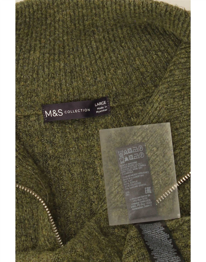Marks & Spencer Herren-Pullover mit Reißverschluss am Hals, groß, grünes Acryl