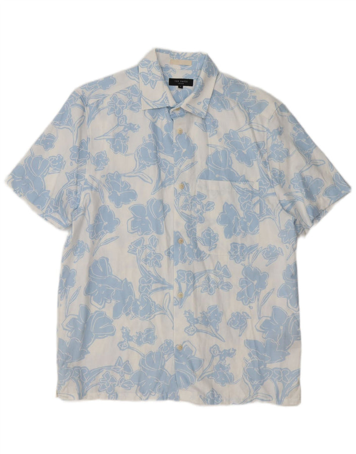 Ted Baker Herren-Kurzarmhemd, Größe 3, mittelblaues Blumen-Lyocell