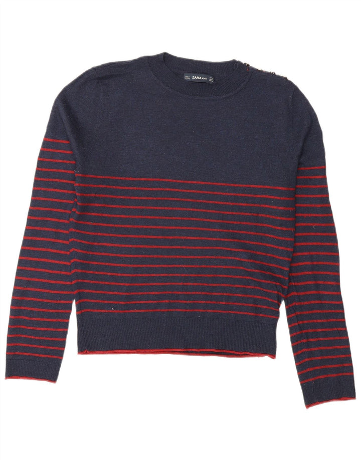 Zara Damen-Pullover mit Rundhalsausschnitt, Gr. 14, mittelmarineblau gestreift