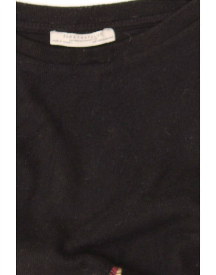 Zara Damen Crop Graphic Top Langarm UK 14 Mittelschwarz geblümt