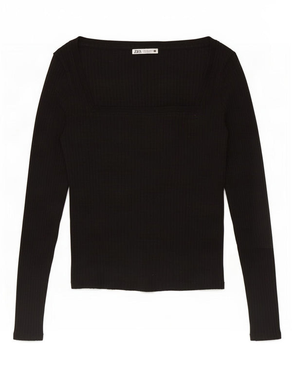 Zara Damen Crop Top Langarm UK 14 Large Schwarz
