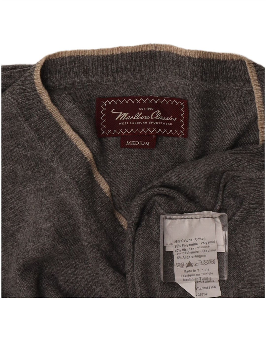 Marlboro Classics Herren-Pullover mit V-Ausschnitt aus mittelgrauer Baumwolle