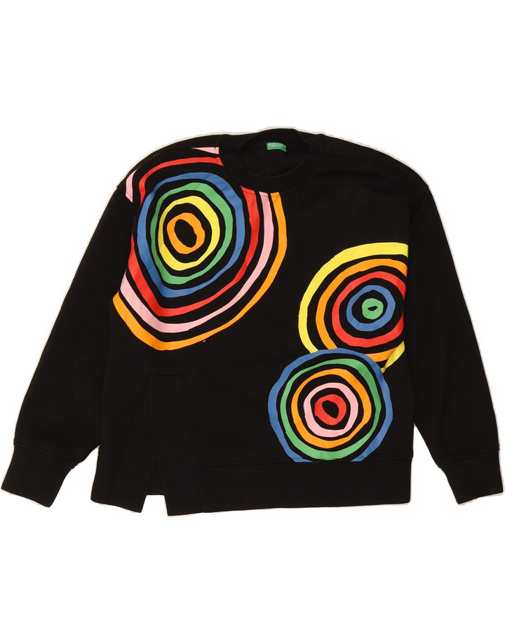 BENETTON Womens Oversized Sweatshirt Jumper UK 6 XS Black Geometric Vintage Benetton and Second-Hand Benetton from Messina Hembry 