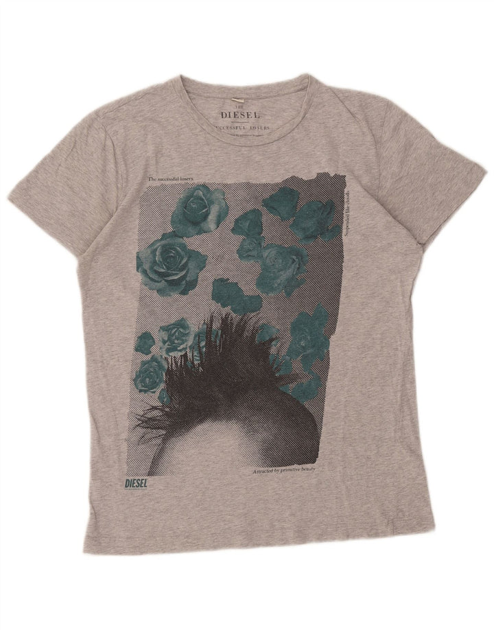 Diesel Herren Grafik-T-Shirt-Oberteil aus mittelgrau gesprenkelter Baumwolle