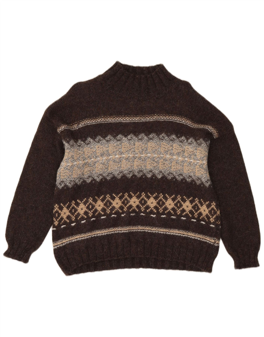 Sisley Damen-Pullover mit Rollkragen, UK 14, Mittelbraun, Fair Isle