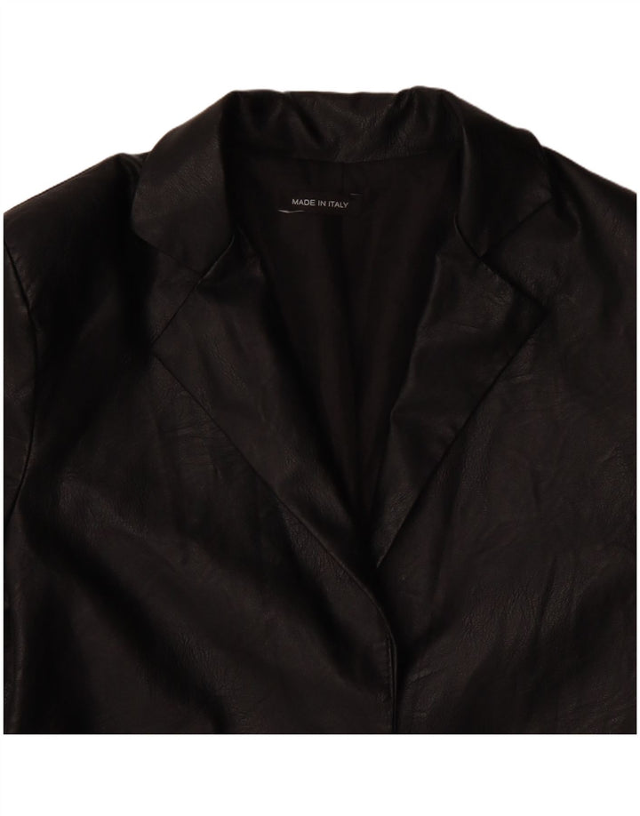 VINTAGE Damen 1-Knopf-Blazer aus Kunstleder, UK 12, Mittelschwarz