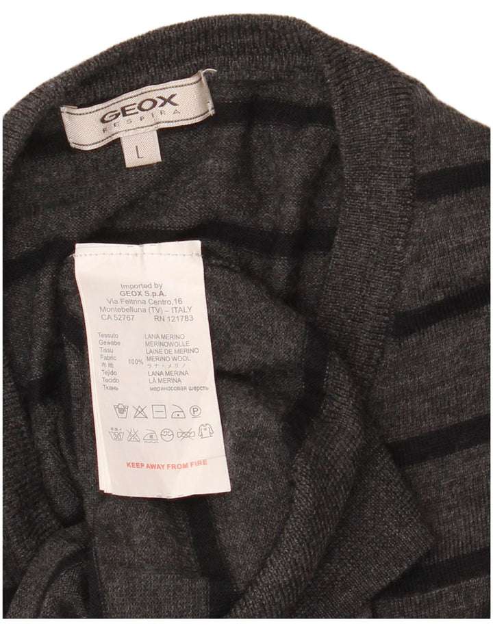 GEOX Damen-Pullover mit V-Ausschnitt, UK 16, Größe L, grau, gestreift, Merinowolle