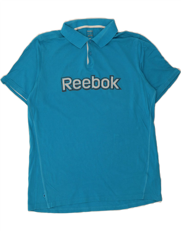 REEBOK Mens Graphic Polo Shirt Medium Blue Cotton Vintage Reebok and Second-Hand Reebok from Messina Hembry 