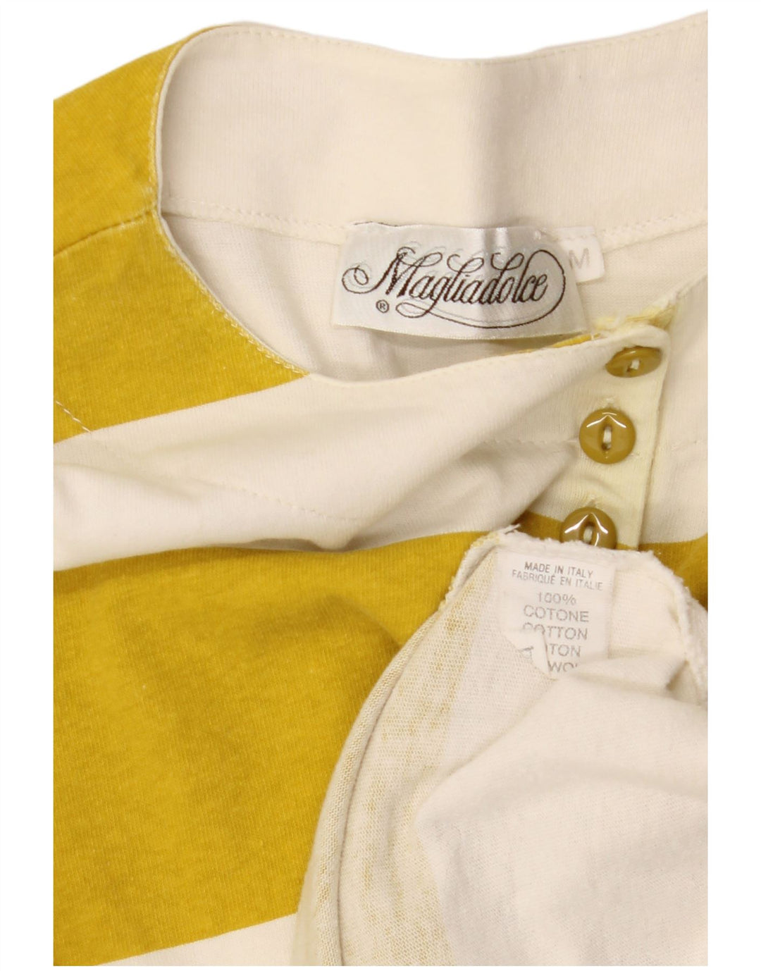 VINTAGE Damen Grafik Top Langarm UK 14 Mittelgelb gestreift Baumwolle