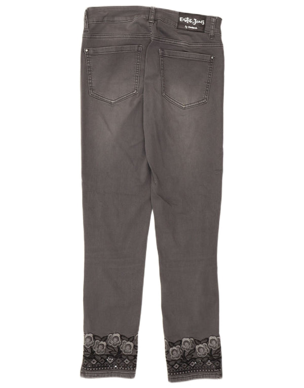 Desigual Damen Slim Cropped Jeans EU 36 Small W26 L27 Grau geblümte Baumwolle