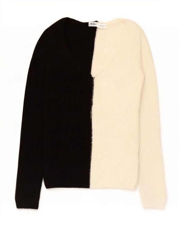Zara Damen-Pullover mit V-Ausschnitt, UK 12, Mittelschwarz, Farbblock-Acryl